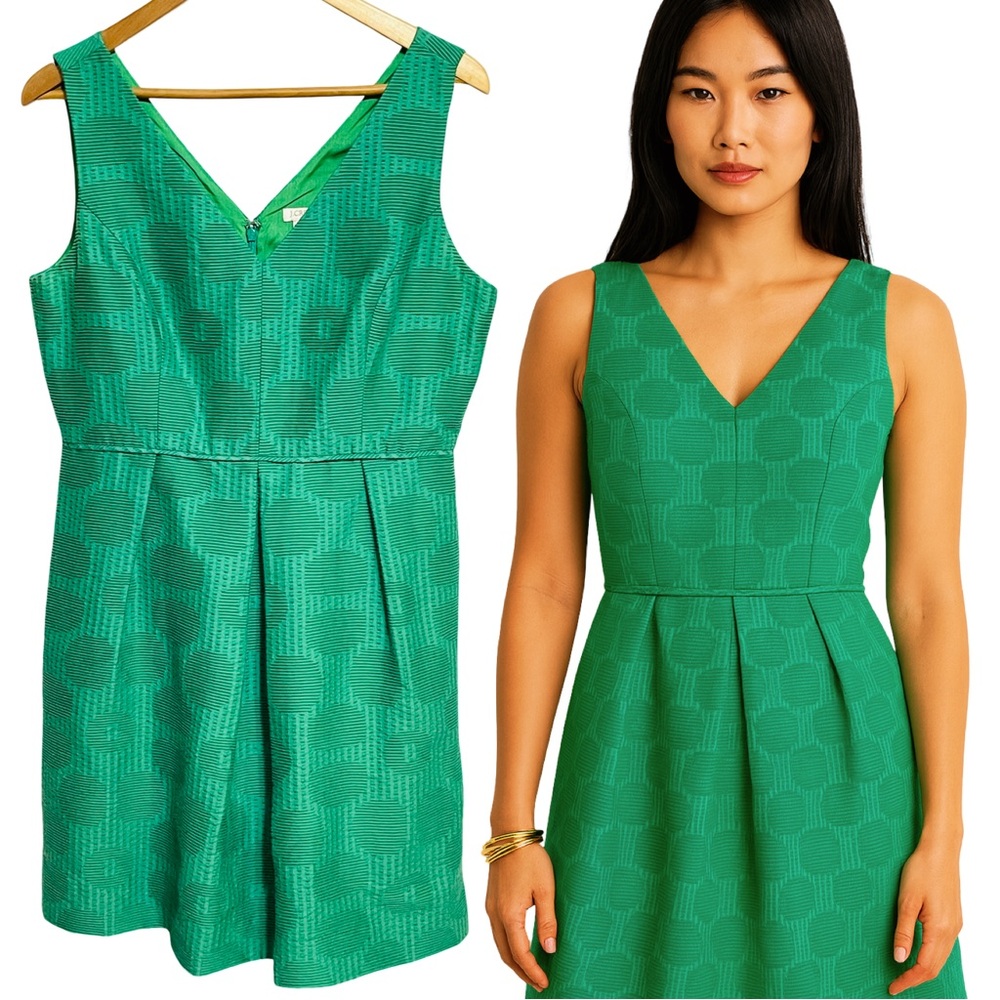 J. CREW V-Neck Dress Size 12 Dublin Green  Jacquard Textured Fully Lined